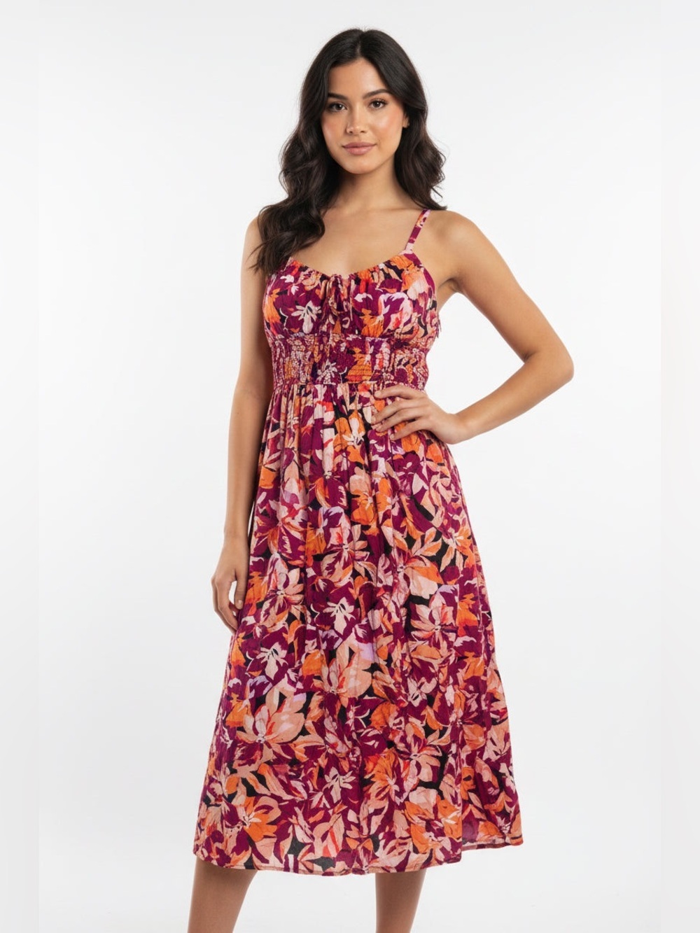 Smocked Floral Midi Dress in Magenta and Orange